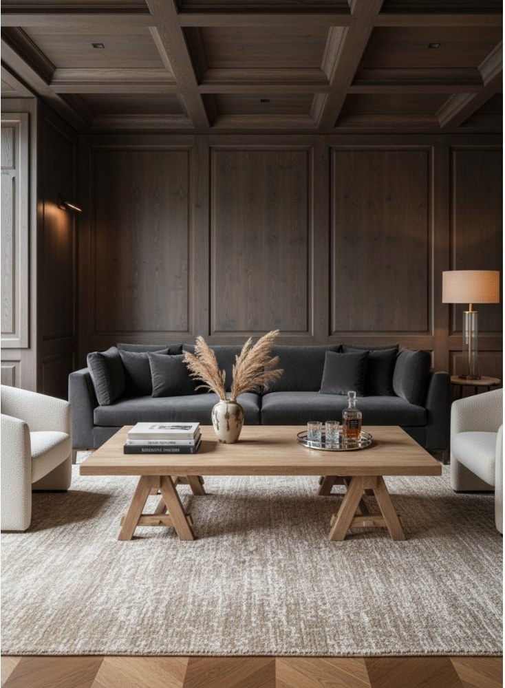 Salon habillé de boiseries sombres avec table basse en bois brut