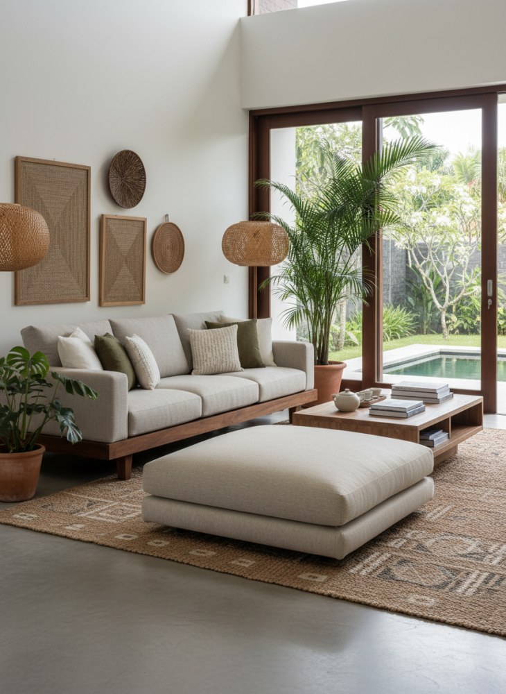 Salon lumineux avec canapé écru et mobilier en bois clair