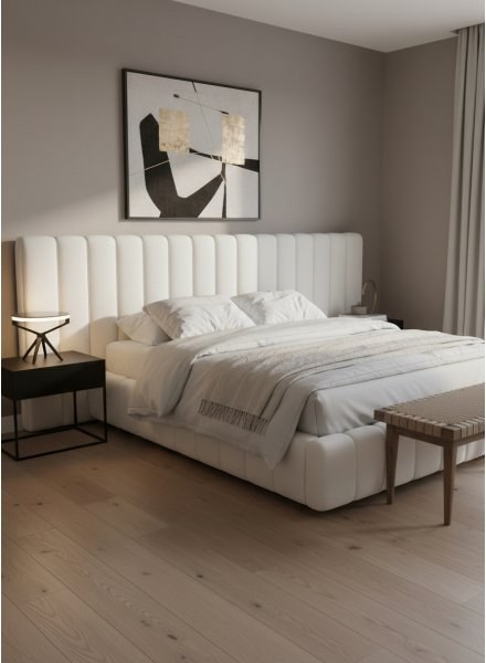 Lit avec grande tête de lit en tissu écru