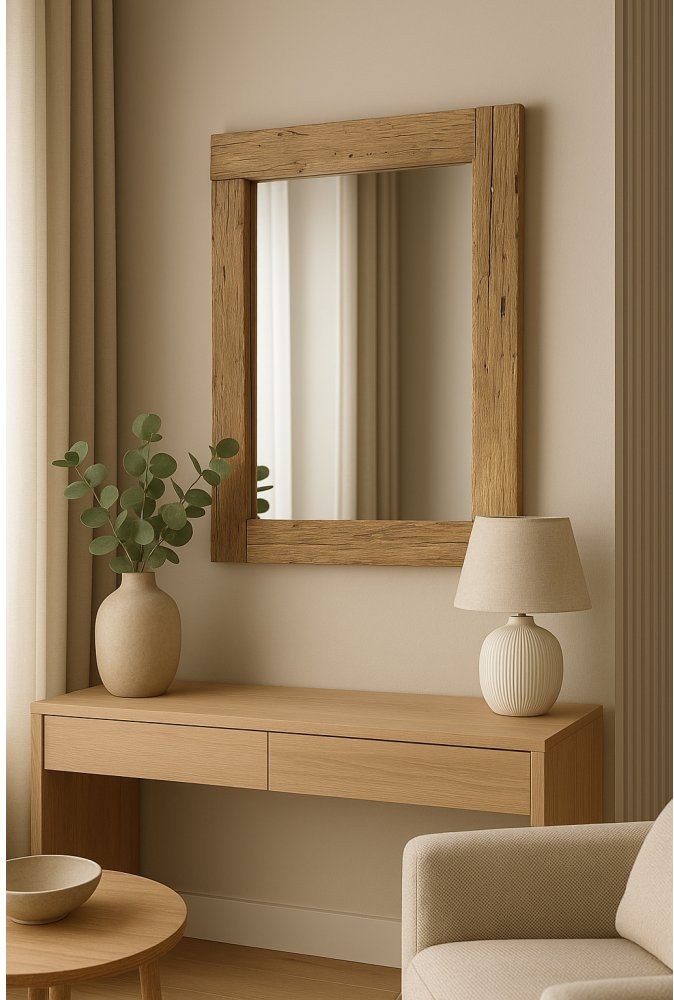 Console en chêne avec miroir et lampe