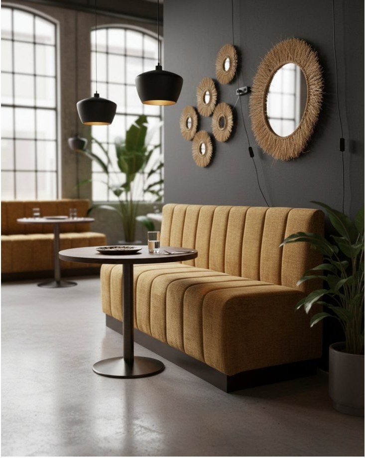 Banquette camel dans un salon aux tons sombres